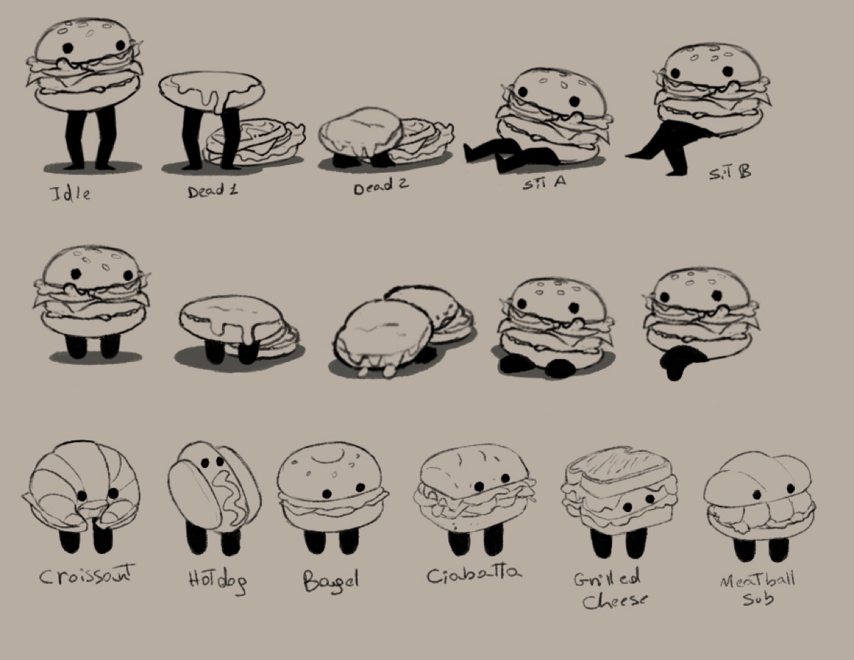 Genesis Bun crew concept sketches: burger, croissant, hot dog, bagel, ciabatta, grilled cheese, meatball sub